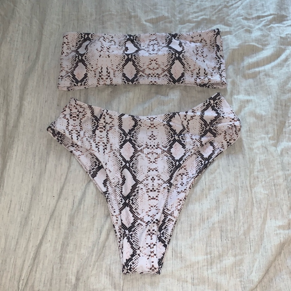 White Snakeskin High Waisted Bandeau Matching Bikini set